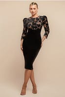 Goddiva Scalloped Crochet & Velvet Midi Dress - Black