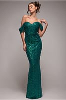 Goddiva Off The Shoulder Sequin Wing Maxi - Emerald Green
