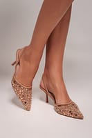 Goddiva Beaded Sequin Low Heel Slingback Shoes - Nude