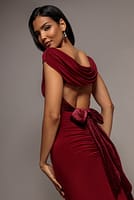 Goddiva Open Back Cowl Neck Gathered Maxi Dress With Velvet Tie Back - Wine