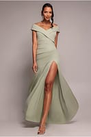 Goddiva Scuba Crepe Off Shoulder Front Split Maxi Dress - Sage Green