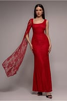 Goddiva One Shoulder Cape Sleeve Pleated Lace Maxi Dress - Red
