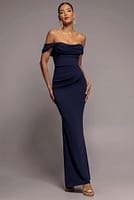 Goddiva Off The Shoulder Cowl Neck Maxi Dress - Navy Blue