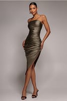 Goddiva Bandeau Faux Leather Midi Dress - Khaki