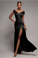 Goddiva Satin Off Shoulder Pleated Maxi Dress - Black