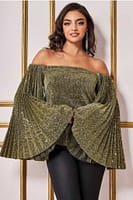 Goddiva Sequin Lurex Bardot Pleated Sleeve Top - Gold