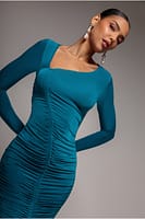 Goddiva Asymmetrical Neck Ruched Midi Dress - Teal