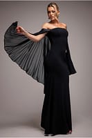 Goddiva Strapless Maxi Dress With Pleated Chiffon Cape - Black