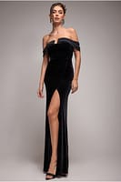 Goddiva Off Shoulder Hotfix Diamante Wing Velvet Maxi Dress - Black