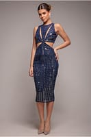 Goddiva Patterned Sequin Cut Out Midi Dress - Navy